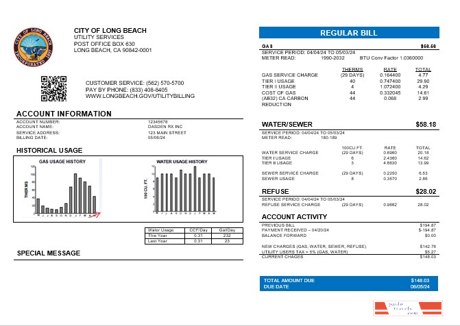 USA City of Long Beach business utility bill template in Word and PDF formats